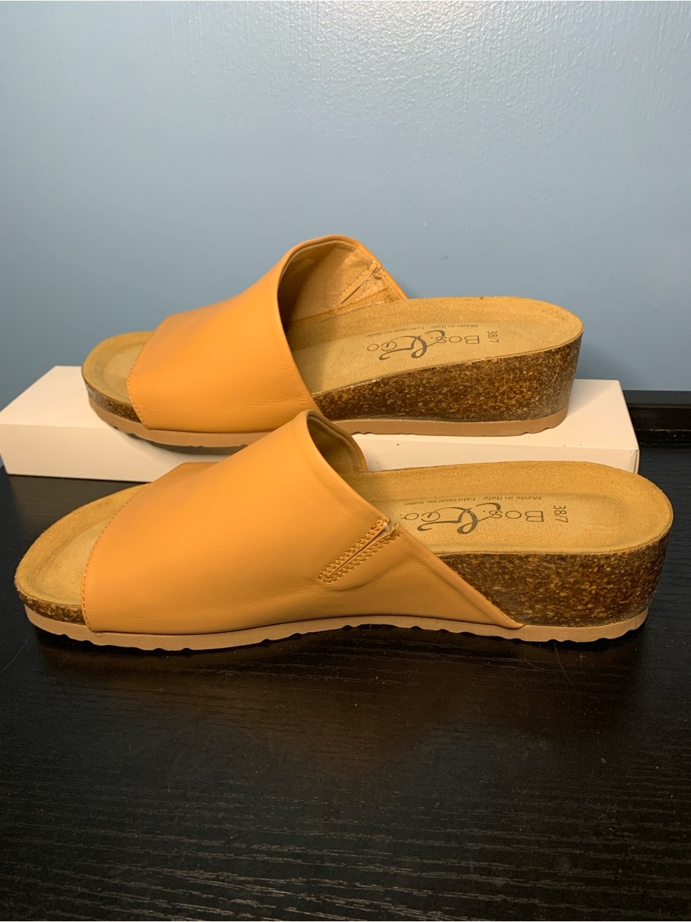 Bos. & Co. Tan Slip-On Cork Wedge Mules